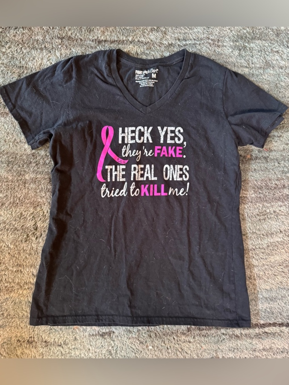 Breast Cancer Awareness Black V-Neck Tee with Pink Ribbon